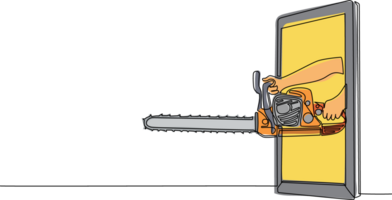 Single one line drawing hand holding chainsaw through mobile phone. Concept of lumberjack video games, e-sport, entertainment application for smartphones. Continuous line draw design graphic png