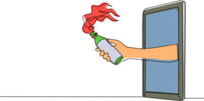 single een lijn tekening hand- Holding molotov cocktail door mobiel telefoon. concept van strijd video spellen, e-sport, vermaak toepassing voor smartphone. doorlopend lijn trek ontwerp grafisch png