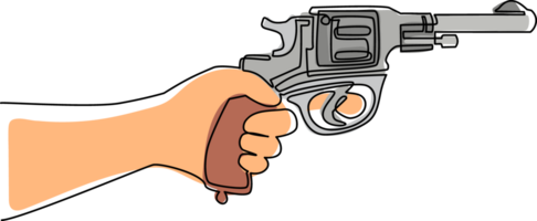 kontinuierlich einer Linie Zeichnung Hand halten Revolver Pistole. Gewehr Revolver Pistole sechs Schütze Pistole Zeichnung im Jahrgang retro Holzschnitt geätzt oder graviert Stil. Single Linie zeichnen Design Illustration png