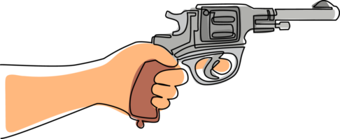 doorlopend een lijn tekening hand- Holding revolver pistool. geweer revolver handgeweer zes schutter pistool tekening in wijnoogst retro houtsnede geëtst of gegraveerde stijl. single lijn trek ontwerp illustratie png