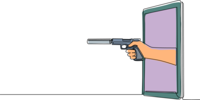 Célibataire un ligne dessin main en portant pistolet avec silencieux par mobile téléphone. concept de mafia vidéo Jeux, e-sport, divertissement application pour téléphones intelligents. continu ligne dessiner conception png