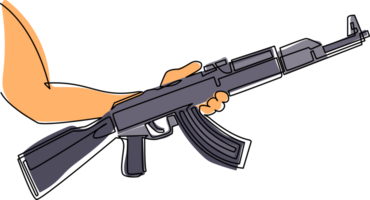 single doorlopend lijn tekening hand- Holding ak 47 kalashnikov machine geweer aanval geweer. wapen vuurwapen terrorisme concept. leger automatisch geweer. een lijn trek grafisch ontwerp illustratie png