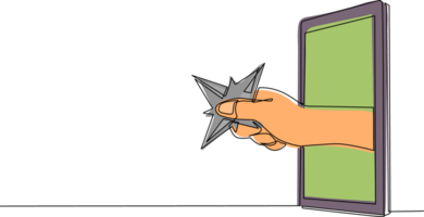 Continuous one line drawing hand holding blade shuriken through mobile phone. Concept of ninja video games, e-sport, entertainment application for smartphones. Single line draw design graphic png