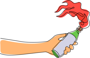 Single one line drawing hand holding molotov cocktail, handmade bomb from bottle glass in flame fire, anarchy demonstrator symbol icon. Modern continuous line draw design graphic illustration png