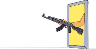 singolo uno linea disegno mano Tenere ak 47 kalashnikov assalto fucile attraverso mobile Telefono. concetto di battaglia video Giochi, e-sport, divertimento App per smartphone. continuo linea disegnare design png