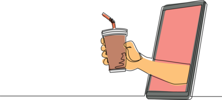 Single continuous line drawing hand holding paper cup with straw through mobile phone. Concept of cafe drink order delivery online food. Application for smartphone. One line draw graphic design png