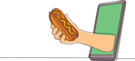 Célibataire un ligne dessin main en portant Hot-dog par mobile téléphone. concept de restaurant commande livraison en ligne aliments. application pour téléphones intelligents. continu ligne dessiner conception graphique illustration png