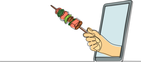 singolo continuo linea disegno mano Tenere kebab attraverso mobile Telefono. concetto di ristorante ordine consegna in linea cibo. applicazione per smartphone. uno linea disegnare grafico design illustrazione png