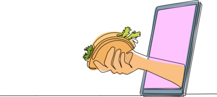 single doorlopend lijn tekening hand- Holding Mexicaans taco door mobiel telefoon. concept van restaurant bestellen levering online voedsel. toepassing voor smartphones. een lijn trek ontwerp illustratie png