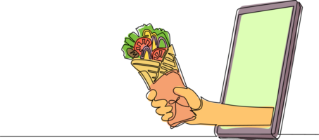 Single continuous line drawing hand holding shawarma through mobile phone. Restaurant order delivery online food concept. Application for smartphones. One line draw graphic design illustration png
