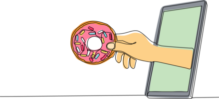 Single one line drawing hand holding donuts through mobile phone. Concept of restaurant order delivery online food. Application for smartphones. Continuous line draw design graphic illustration png