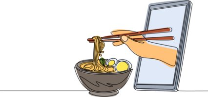 Single continuous line drawing hand holding ramen bowl with chopsticks through mobile phone. Concept of restaurant order delivery online food. Application for smartphones. One line draw design png