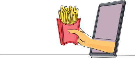 Single continuous line drawing hand holding french fries in paper box through mobile phone. Concept of restaurant order delivery online food. App for smartphones. One line draw graphic design png