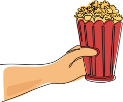 Single one line drawing hand holding popcorn. Human hands holding popcorn box. I love movie cinema icon. Watching movie concept in flat design style. Modern continuous line draw design graphic png