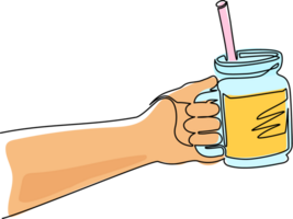 Continuous one line drawing hand holding smoothie juice in glass cup with fruit slice on top. Cold soft drink for summer. Healthy beverage. Vitamin C food. Single line draw design illustration png