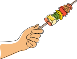 doorlopend een lijn tekening menselijk hand- Holding kebab. hand- Holding spiesjes met geroosterd vlees. traditioneel voedsel barbecue, steaks, kebab of sjasliek. single lijn trek ontwerp grafisch illustratie png