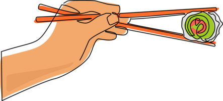 Single one line drawing hand holding Japanese, Chinese, Asian sushi, roll with pair of wooden chopsticks. Hand with chopsticks and sushi, roll with salmon. Modern continuous line draw design png