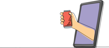 Continuous one line drawing hand holding soda can through mobile phone. Concept of cafe drink order delivery online food. Application for smartphones. Single line design graphic illustration png