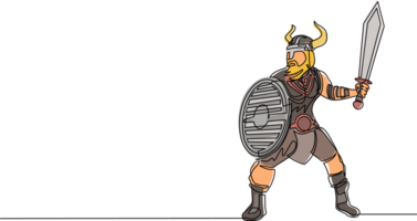 continuo uno línea dibujo grande fuerte muscular naranja guerrero vikingo con espada y proteger furiosamente ataques vikingo en con cuernos casco participación espada y blindaje. soltero línea dibujar diseño gráfico png