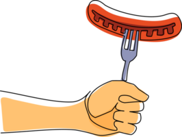 Single continuous line drawing sausage on fork in hand. Isolated on white background. Cooked hot fried sausage. Grill picnic template. For restaurant or cafe menu. One line draw graphic design png