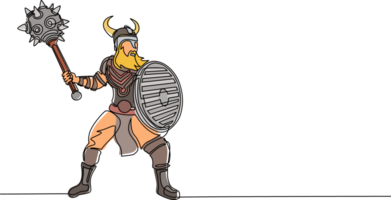 kontinuerlig ett linje teckning stor stark muskulös orange krigare viking med mace och skydda rasande attacker. viking i behornad hjälm innehav mace och skydda. enda linje dra design grafisk png