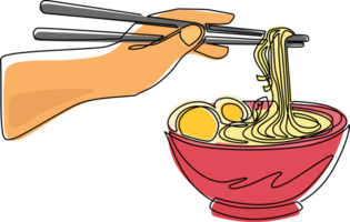 Single continuous line drawing hand drawn ramen soup in black bowl with male hand holding chopsticks. Japanese noodle. Asian traditional food. Dynamic one line draw graphic design illustration png