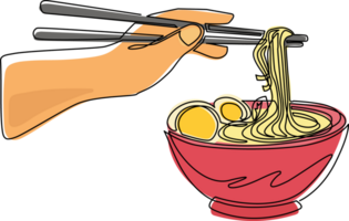 solteiro contínuo linha desenhando mão desenhado ramen sopa dentro Preto tigela com masculino mão segurando pauzinhos. japonês macarrão. ásia tradicional Comida. dinâmico 1 linha desenhar gráfico Projeto ilustração png