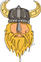 solteiro contínuo linha desenhando cabeça do barbudo viking Guerreiro com chifrudo capacete. vikings equipe logotipo. esporte rótulo com viking ilustração. Guerreiro dentro capacete logotipo mascote. 1 linha desenhar Projeto png