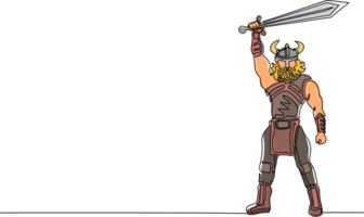 Célibataire continu ligne dessin nordique homme en portant épée en haut dans le air. de guerrier portant viking guerre armure. personnage de païen et scandinave mythologie. un ligne dessiner conception illustration png