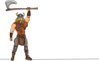 Célibataire un ligne dessin nordique homme en portant hache en haut dans le air. de guerrier portant viking guerre armure. personnage de païen et scandinave mythologie. continu ligne dessiner conception illustration png