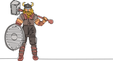 Single einer Linie Zeichnung Wikinger Wikinger Krieger Raider Barbar tragen gehörnt Helm mit Bart halten Hammer und Schild isoliert Weiß Hintergrund. kontinuierlich Linie zeichnen Design Illustration png