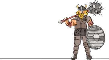 Single einer Linie Zeichnung Wikinger Wikinger Krieger Raider Barbar tragen gehörnt Helm mit Bart halten Keule und Schild auf isoliert Weiß Hintergrund. kontinuierlich Linie zeichnen Design Illustration png