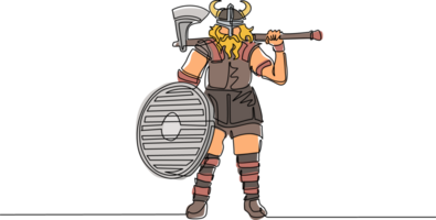 Single continuous line drawing norseman viking warrior raider barbarian wearing horned helmet with beard holding axe and shield on isolated white background. One line draw design illustration png