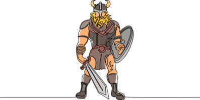 Single continuous line drawing man warrior viking in horned helmet holding sword and shield. Cartoon character male with weapon standing in belligerent pose. One line draw design illustration png