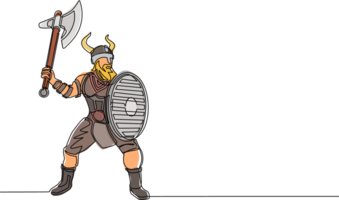 Célibataire un ligne dessin gros fort musclé Orange guerrier viking avec hache et bouclier furieusement attaques. viking dans cornu casque en portant hache et bouclier. continu ligne dessiner conception illustration png