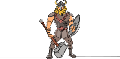 soltero uno línea dibujo hombre guerrero vikingo en con cuernos casco participación martillo y blindaje. dibujos animados personaje masculino con arma en pie en beligerante pose. continuo línea dibujar diseño ilustración png