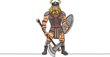 continuo uno línea dibujo hombre guerrero vikingo en con cuernos casco participación hacha y blindaje. dibujos animados personaje masculino con arma en pie en beligerante pose. soltero línea dibujar diseño ilustración png