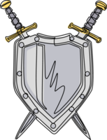 Continuous one line drawing shield and crossed swords icon, flat design swords and shield icon, sword icon conception with shield icon, blade and shield. Single line draw illustration png