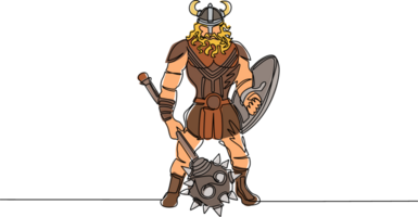 Single continuous line drawing man warrior viking in horned helmet holding mace and shield. Cartoon character male with weapon standing in belligerent pose. Dynamic one line draw graphic design png