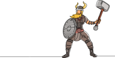 kontinuerlig ett linje teckning stor stark muskulös orange krigare viking med hammare och skydda rasande ge sig på. viking i behornad hjälm innehav hammare och skydda. enda linje dra design grafisk png