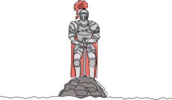 Célibataire un ligne dessin médiéval Chevalier dans armure, cap, casque avec plume. guerrier de milieu âge permanent et se retirer Excalibur de le pierre. moderne continu ligne dessiner conception graphique png