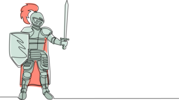 Single continuous line drawing medieval knight in armor, cape and helmet with feather. Warrior of middle ages standing, holding shield and raised sword. Chivalry figure. One line draw design png