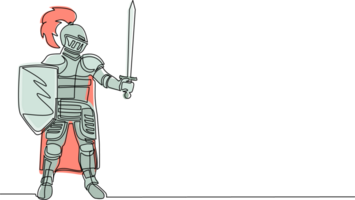 Single continuous line drawing medieval knight in armor, cape and helmet with feather. Warrior of middle ages standing, holding shield and raised sword. Chivalry figure. One line draw design png