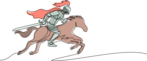 Célibataire un ligne dessin médiéval Chevalier équitation cheval - à cheval soldat avec épée et bouclier. Chevalier sur à cheval. médiéval héraldique symbole. continu ligne dessiner conception graphique illustration png