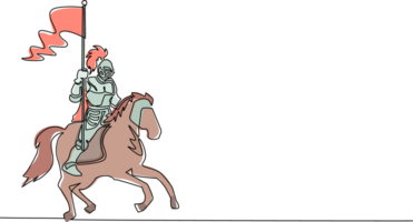 soltero continuo línea dibujo medieval Caballero en caballo que lleva bandera. Caballero montado en armadura montando en lado de caballo en caballo participación bandera. antiguo combatiente. dinámica uno línea dibujar gráfico diseño png