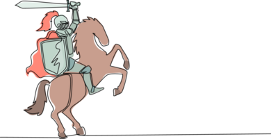 Single continuous line drawing medieval armed knight riding horse. Historical ancient military character. Prince with sword and shield. Ancient fighter. Dynamic one line draw graphic design png