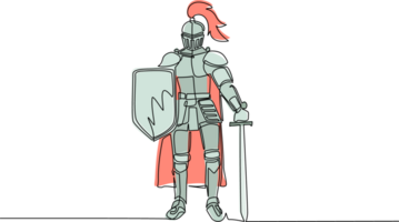 Continuous one line drawing medieval knight standing in armor and helmet holding shield and sword. Full body armor suit, European medieval knight character. Single line draw design illustration png