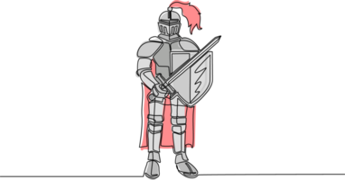 Single continuous line drawing medieval knight in armor, cape, helmet with feather. Warrior of middle ages standing and holding sword and shield. Chivalry figure. One line draw design graphic png