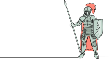 Single continuous line drawing full body armor suit, European medieval knight character with shield and spear, isolated on white background. Dynamic one line draw graphic design illustration png