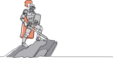 single doorlopend lijn tekening middeleeuws ridder staand in schild, helm Holding schild en zwaard staand Aan top van berg. krijger van midden- leeftijden. een lijn trek grafisch ontwerp illustratie png